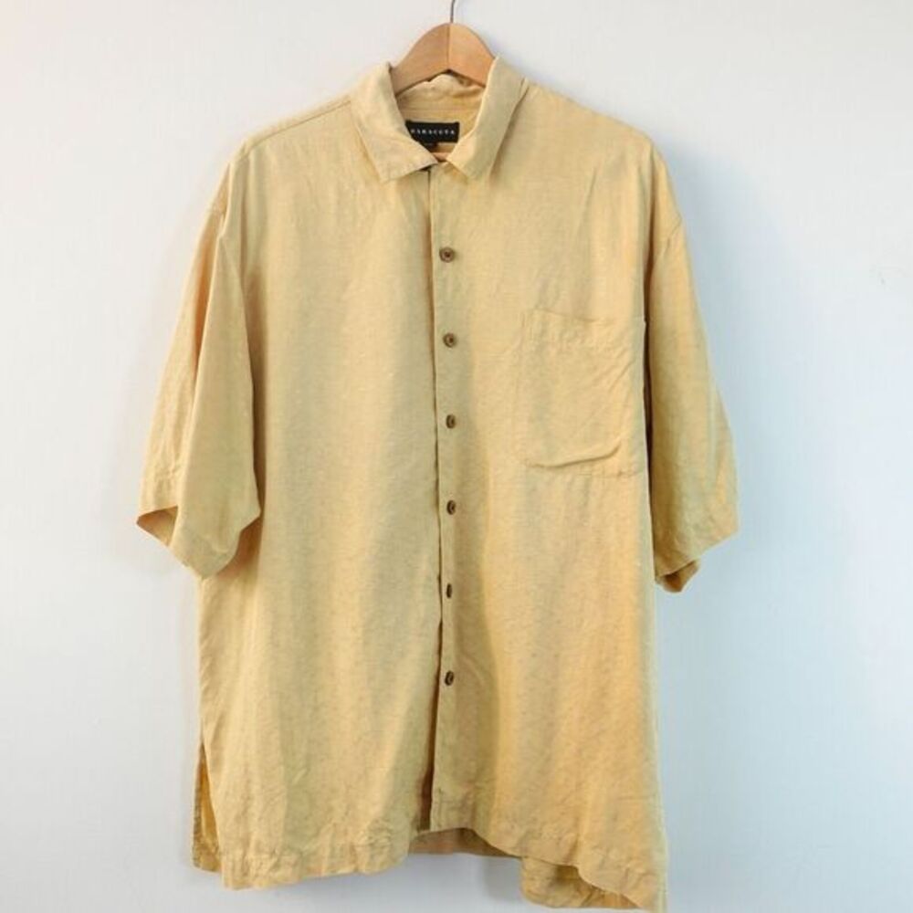 VINTAGE Silk Button Up Shirt Mens LARGE Cream Beige BARACUTA Career Classic Work